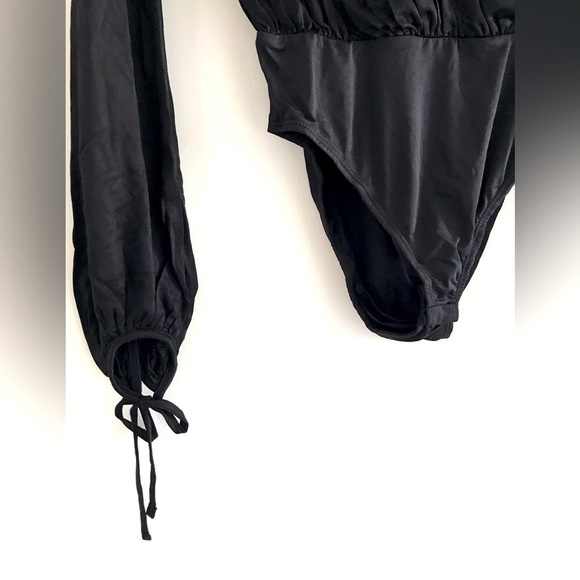 All Saints | Penelope Tie Neck Bodysuit Womens Black Sheer Loose Fit V-neck - Picture 7 of 10